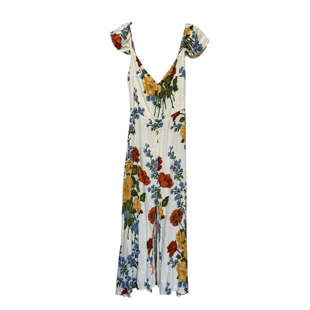 Reformation 6 Baxley Floral V-Neck Midi Dress Ruffle Sleeve Smocked Back